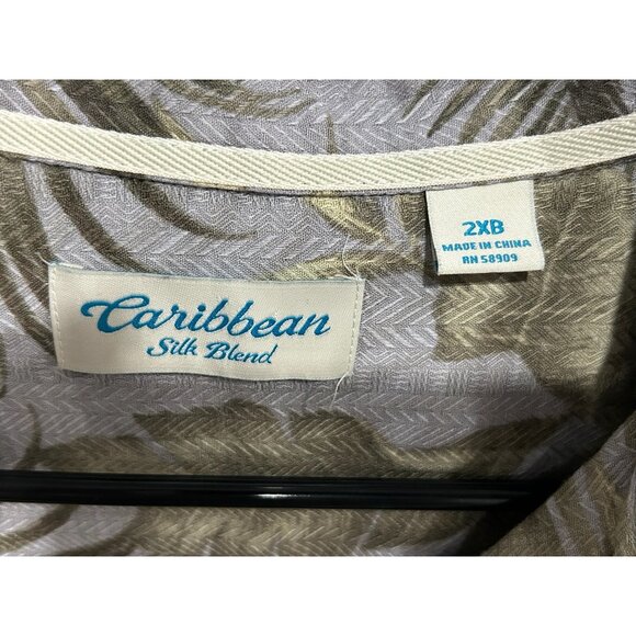Caribbean Silk Blend Leaf Button Front Shirt Sz 2XB Gray Green Tropical Beach - Picture 5 of 10